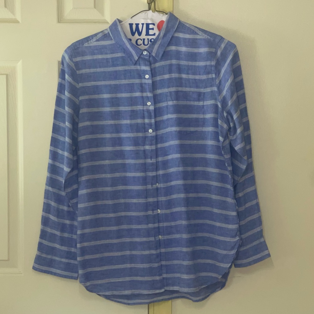 LL BEAN 100% linen button-down striped shirt women’s size L Reg large blue white